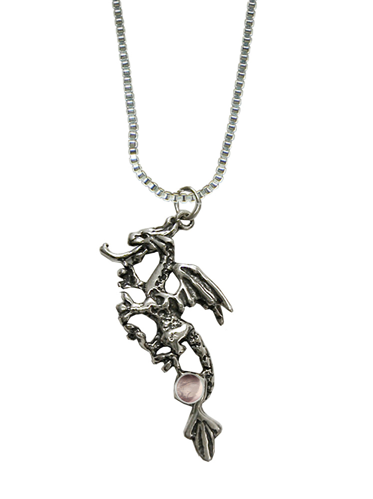 Sterling Silver Rampant Dragon Pendant With Rose Quartz